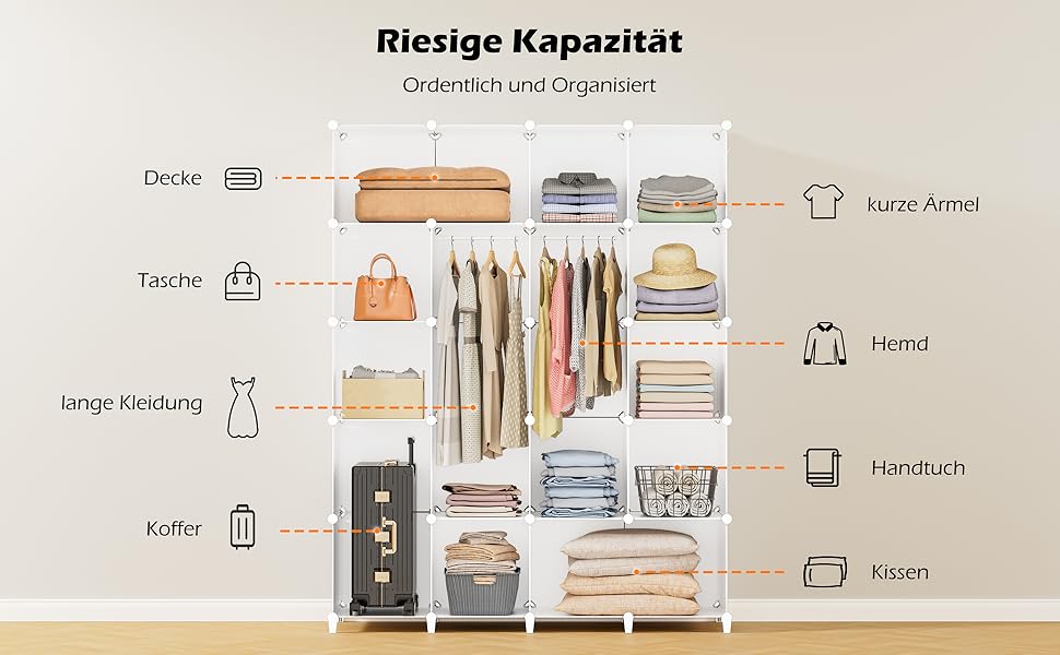 HOMIDEC модульна шафа для одягу з пластику, 20 кубиків, 2 рейки для вішалок, біла, для спальні, 180x142x45 см