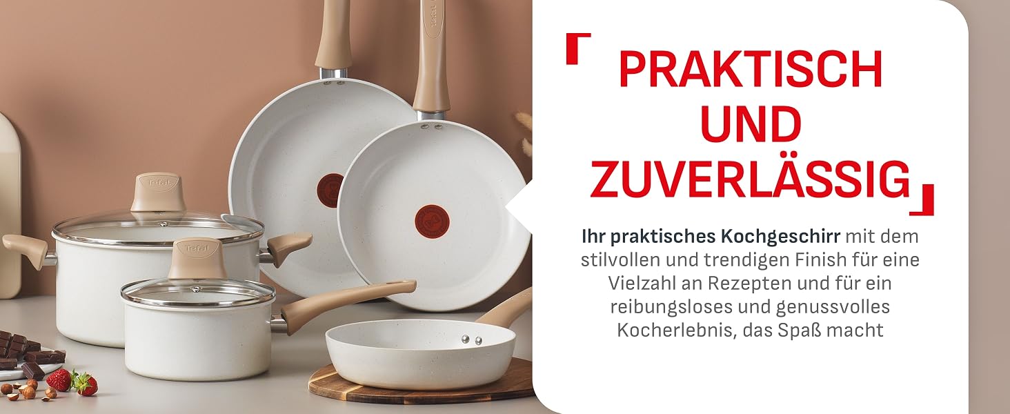 Набір посуду Tefal Mineralia+ Stone White On, 7 предметів, антипригарне покриття, Thermo-Signal, для всіх типів плит, білий, G199S544