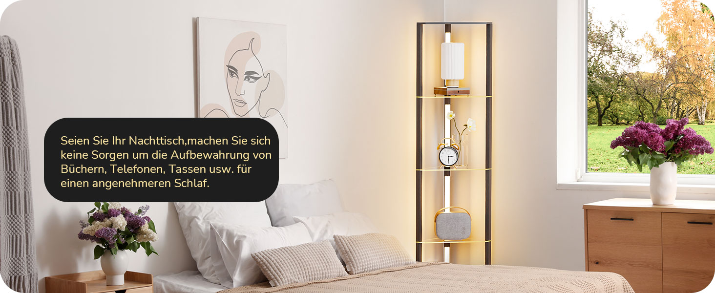 Стійка лампа EDISHINE з 4 полицями з дерева, LED диммер, 3 колірні температури, поворотний світловий маніпулятор, підсвічування полиць, футовий вимикач (чорний+скло)