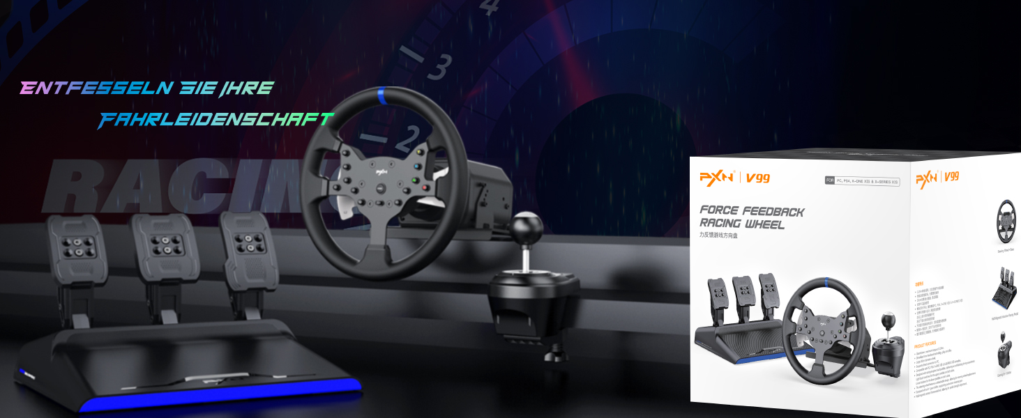 PXN V99 ігровий кермо з педалями та перемикачем передач – 3.2 Nm Force Feedback, 270°/900°, 11.8 дюймів, 4 лопаті перемикання передач, додаток Tools – кермо для PC, Xbox та PS4