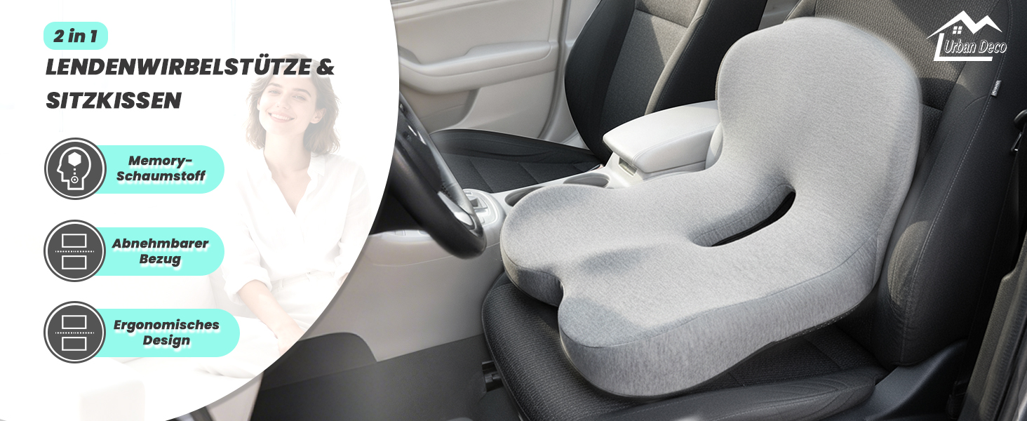 Ортопедична подушка для сидіння Urban Deco з підлокітником, ергономічна спинка з піною з пам'яті, подушка для офісного крісла, автокрісла, інвалідного візка, чорно-сіра, 1 шт. (Сіра)