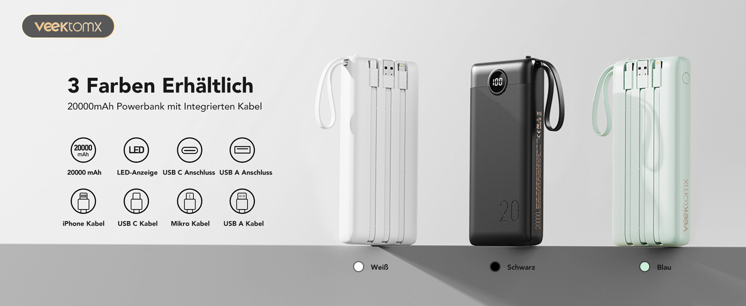 Power Bank VEEKTOMX 20000mAh з 5 виходами та 2 входами, білий. Портативний акумулятор для iPhone, iPad, Samsung, Xiaomi, Google Pixel