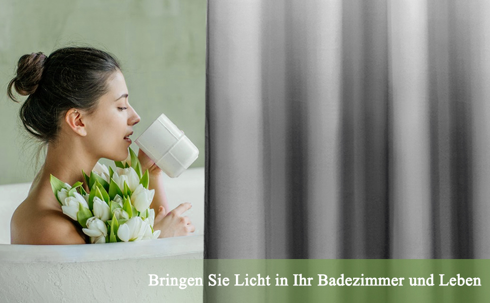 Шторка для душу AooHome 180x200 см, текстиль, сіра. Водостійка, з градієнтом кольору, антигрибкова, з 12 кільцями. Підходить для ванної кімнати.