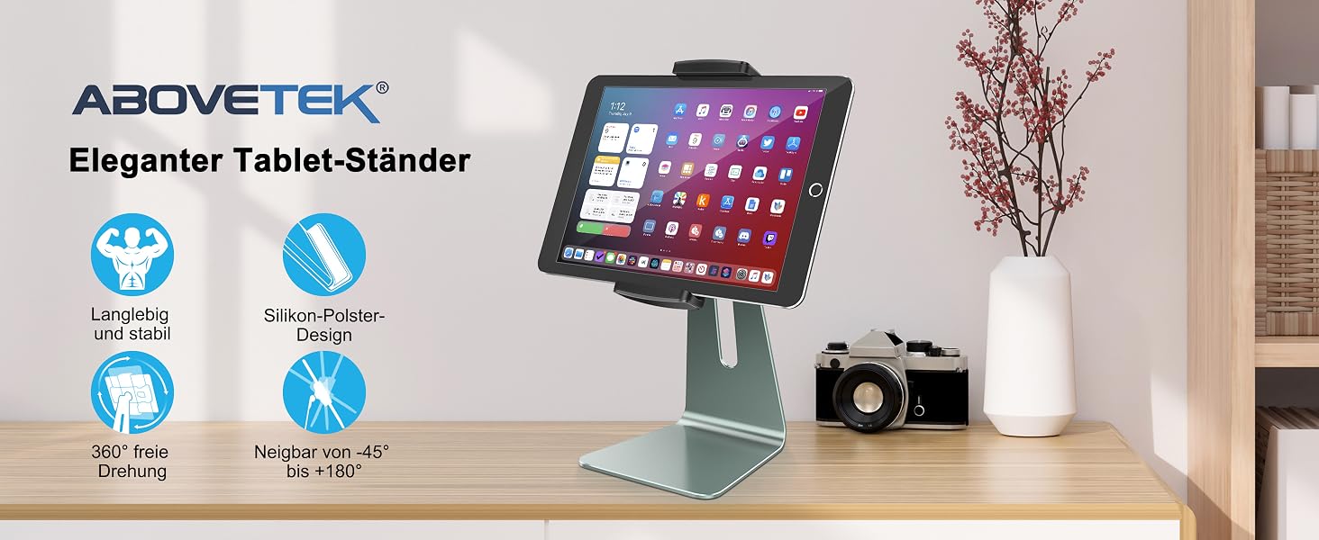 Регульована підставка для планшета AboveTEK з алюмінію, поворотна на 360° для iPad Pro/Air/Mini, Galaxy Tab (7–12,9 дюймів), сіра — для офісу, кухні та магазинів