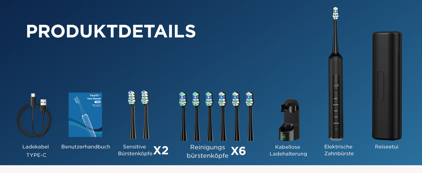 Електрична звукова зубна щітка для дорослих та дітей, 5 режимів чищення, 3 рівні інтенсивності, таймер, 8 насадок, чохол для подорожей, акумуляторна, чорний Obsidianschwarz