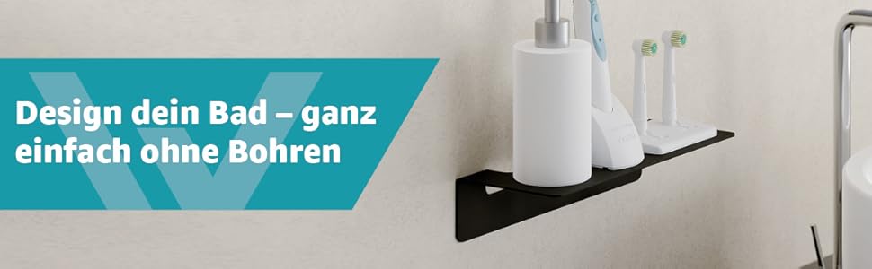 WEISSENSTEIN Badablage without Drilling - Stainless Steel Shelf for Bathroom - 14 x 9.5 x 5 cm (24 cm, Black)