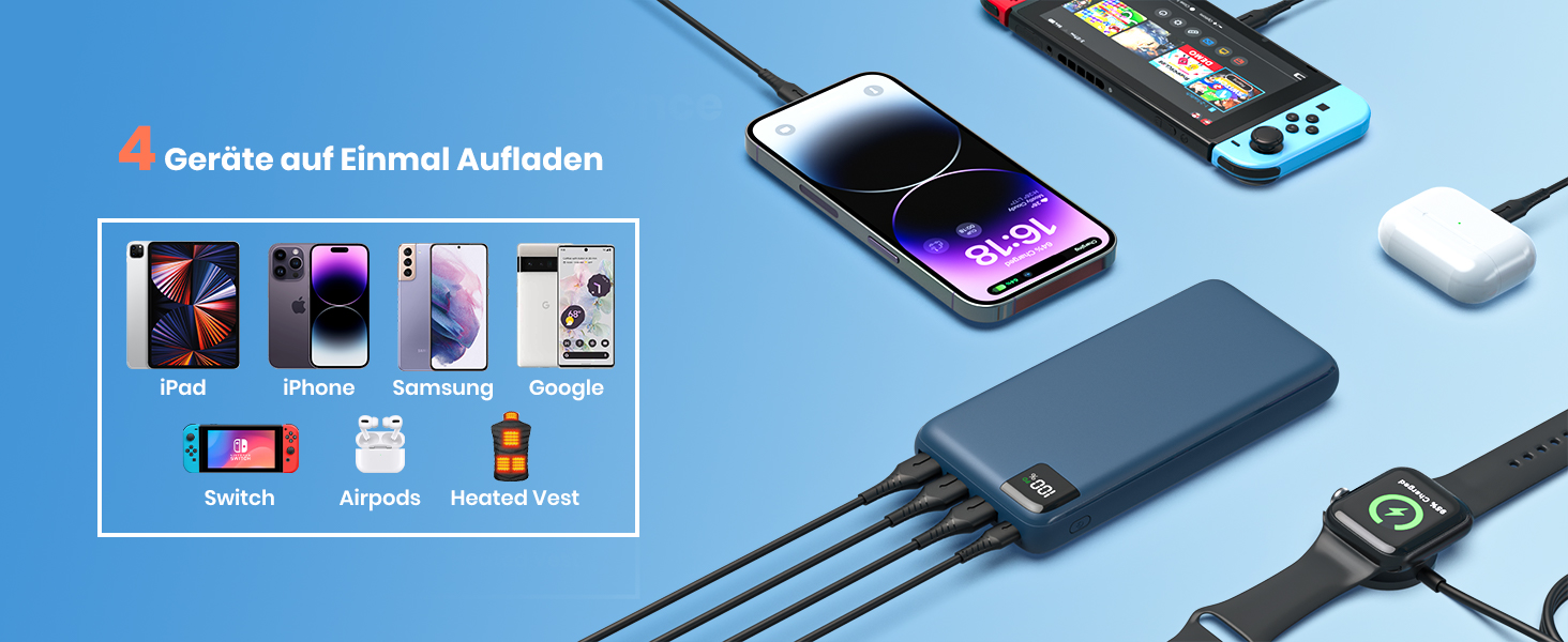 Power Bank SOARAISE 27000mAh з LED-дисплеєм: зарядний акумулятор для телефону та планшета (блакитний)
