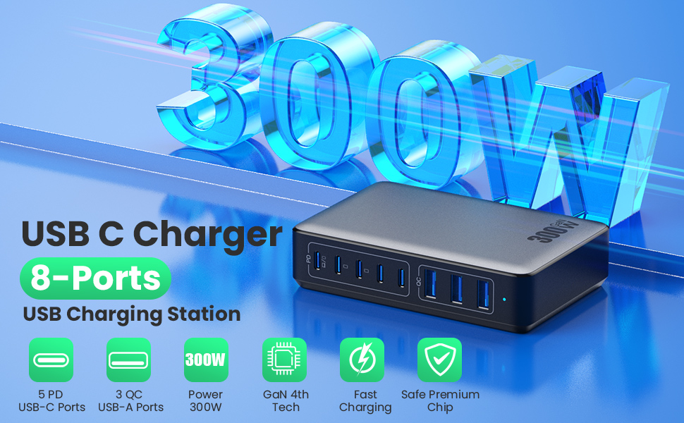 Зарядний пристрій USB C 300W, 8 портів, швидка зарядка 100W PD PPS для ноутбука, MacBook, iPad, iPhone 16/15/14, Samsung – Чорний