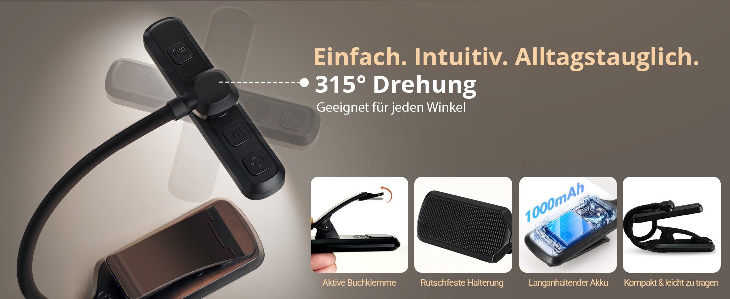 LED лампа для читання з кріпленням, 24 світлодіоди, регульована яскравість, 3 режими температури кольору, USB-C, гнучкий поворот на 360°, захист очей, для дорослих та дітей