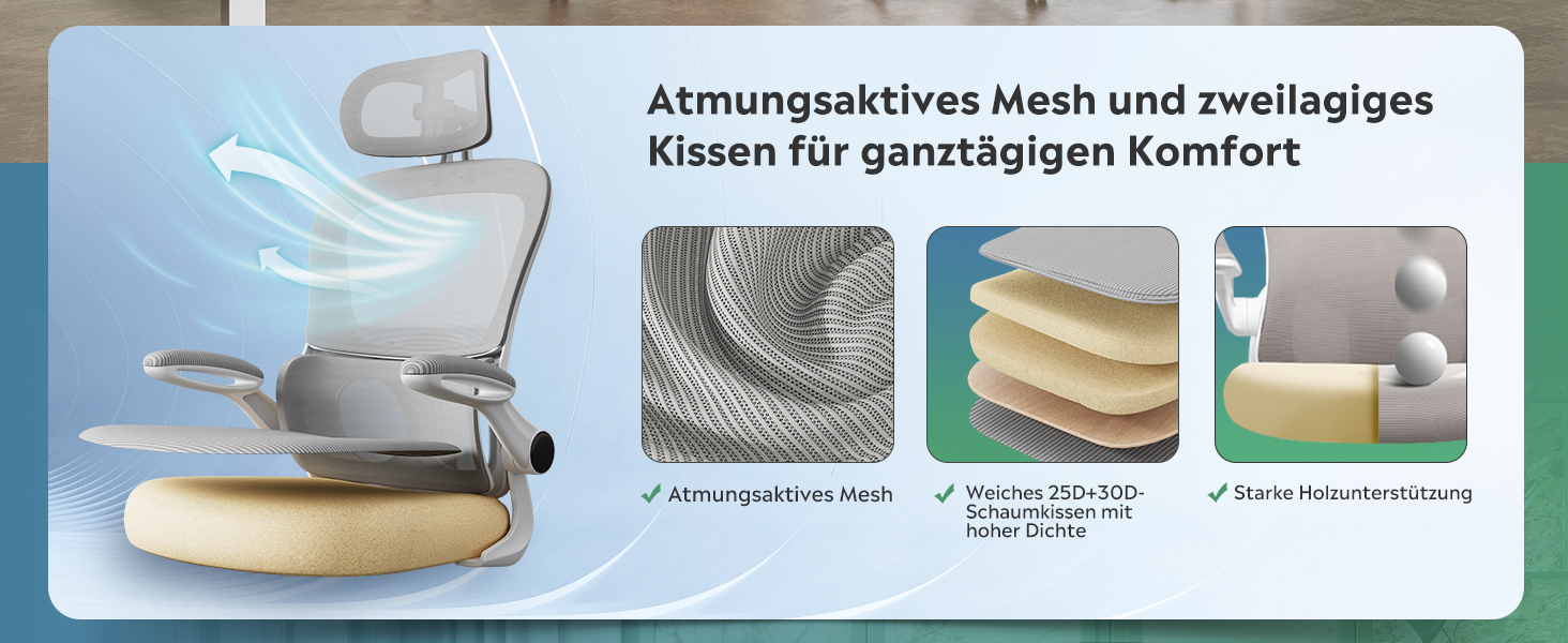 Офісне крісло Devaise ергономічне з підтримкою попереку, 3D-підголівником, регульованими підлокітниками та сітчастою спинкою, для офісу та дому, до 150 кг (сірий)