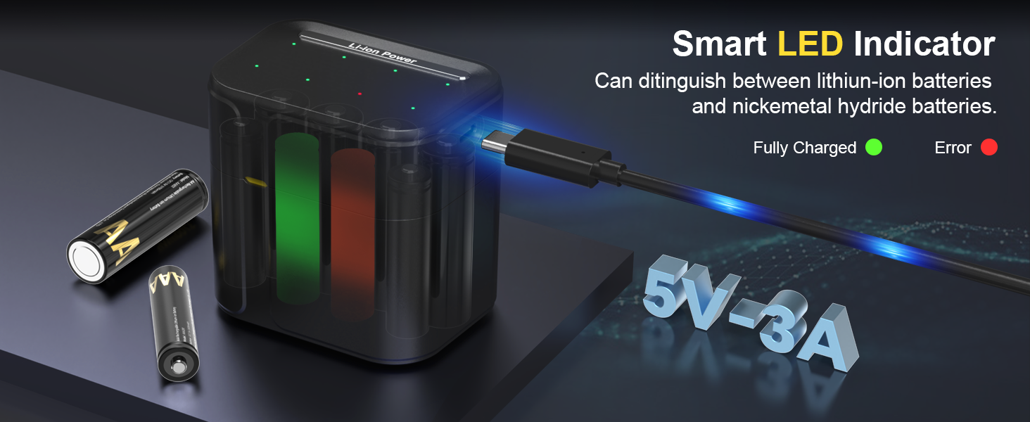 SURFOU Акумулятори Li-ion 4 AA + 4 AAA з зарядним пристроєм, 1300 мАг, висока ємність 1.5V, з інтегрованою коробкою для зберігання, 1600+ циклів, 8-зарядний пристрій з 4 AA 3700 мАг та 4 AAA 1300 мАг