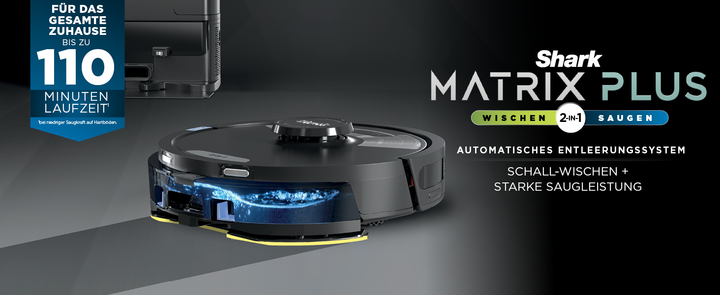 Робот-пилосос Shark Matrix Plus 2-в-1 з функцією миття та авто-збірником пилу, самоочищуючийся, для шерсті тварин, килимів та твердих підлог, 14,5 см, чорний