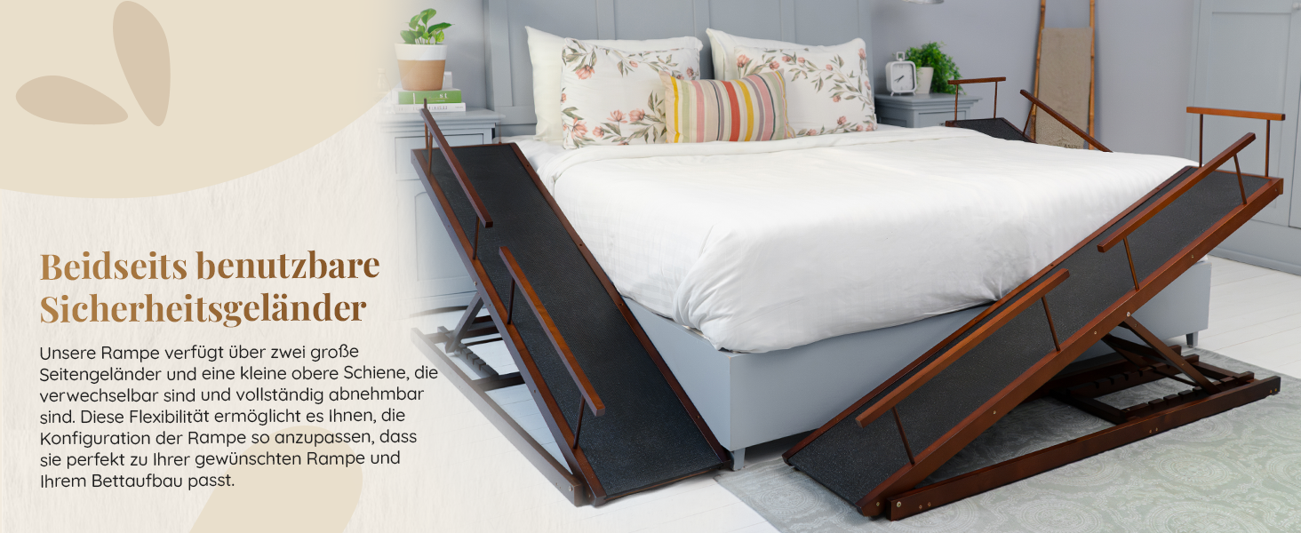 Сходинки для собак PRIORPET з натурального березового дерева з поручнями - регульована висота до 94.5 см - складаються - антиковзні ручки - для собак до 23 кг - колір Walnut