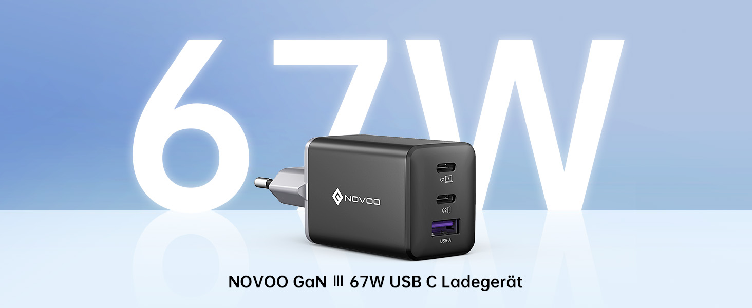Зарядний пристрій USB-C 67W NOVOO GaN III з 3 портами, швидка зарядка для MacBook, iPad, Pixel, Samsung, iPhone, Steam Deck - Чорний