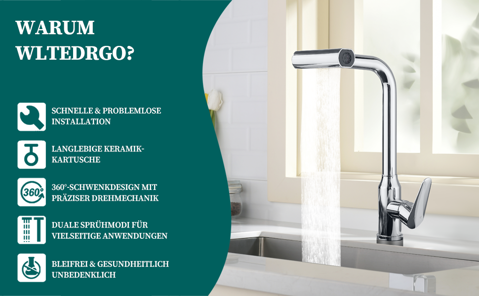 Висувна кухонна мішанина з душем, 360° обертання, 4 режими, нержавіюча сталь