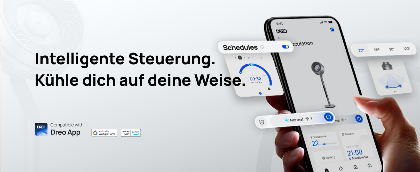 Вентилятор Dreo з інтелектуальним керуванням, висота 101,6–111,8 см, тихий DC вентилятор для спальні, кут огляду 120°+85°, повітряний потік 30,5 м, срібний