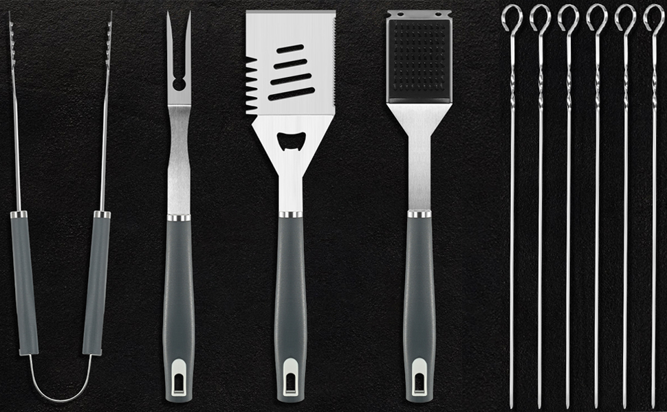 Набір аксесуарів для гриля Premium Grillzubehör Set 10-teilig Edelstahl Rostfrei - 10 предметів з нержавіючої сталі: шпатель, щипці, виделка, щітка для чищення. Для гриля, BBQ, кемпінгу, саду. Міцний набір для гриля.