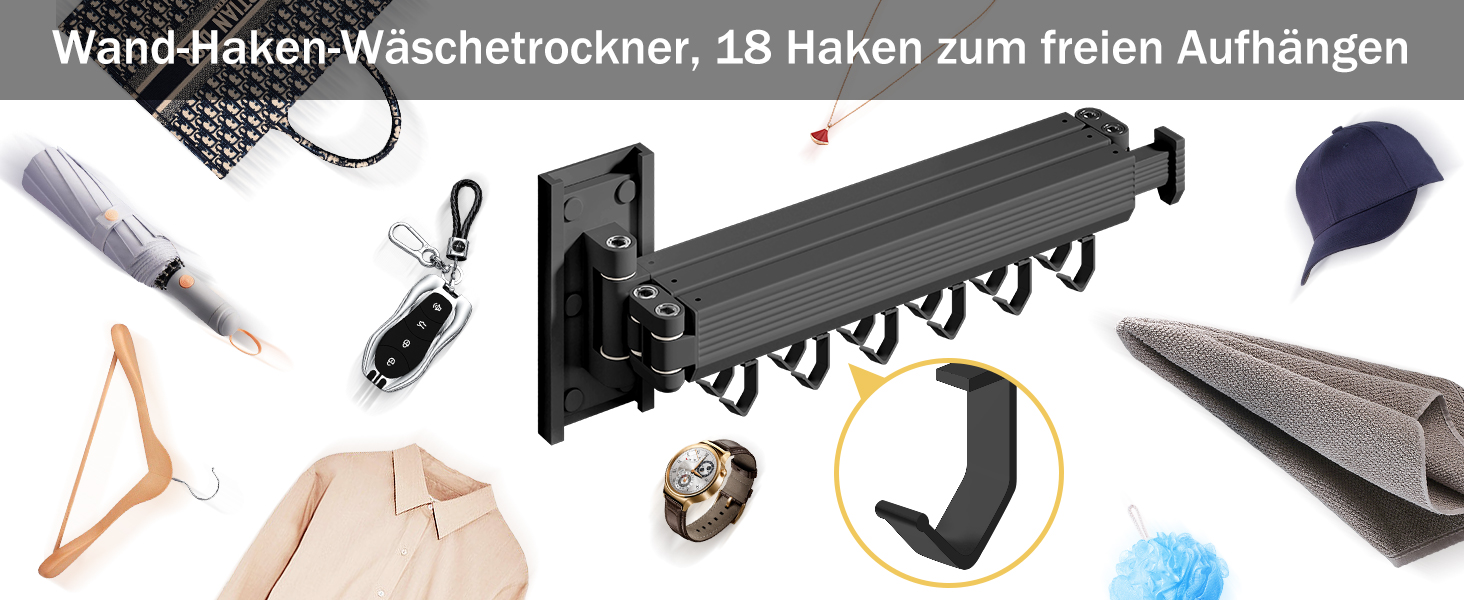Настінна сушилка для білизни розкладна та складна, з алюмінію, 100 кг, з білими гачками (Black-hooks)