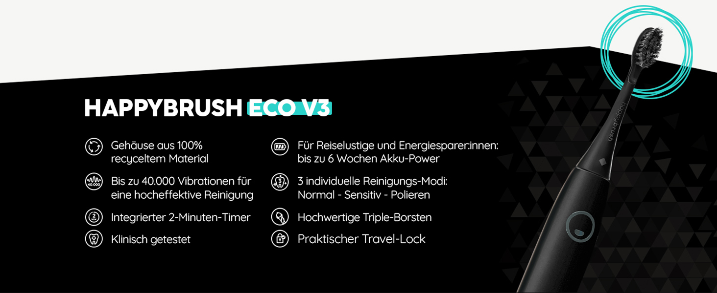 Електрична звукова зубна щітка happybrush® Eco Vibe 3 - Тест-переможець - 100 днів тестування. В комплекті 4 насадки. Чорний колір.