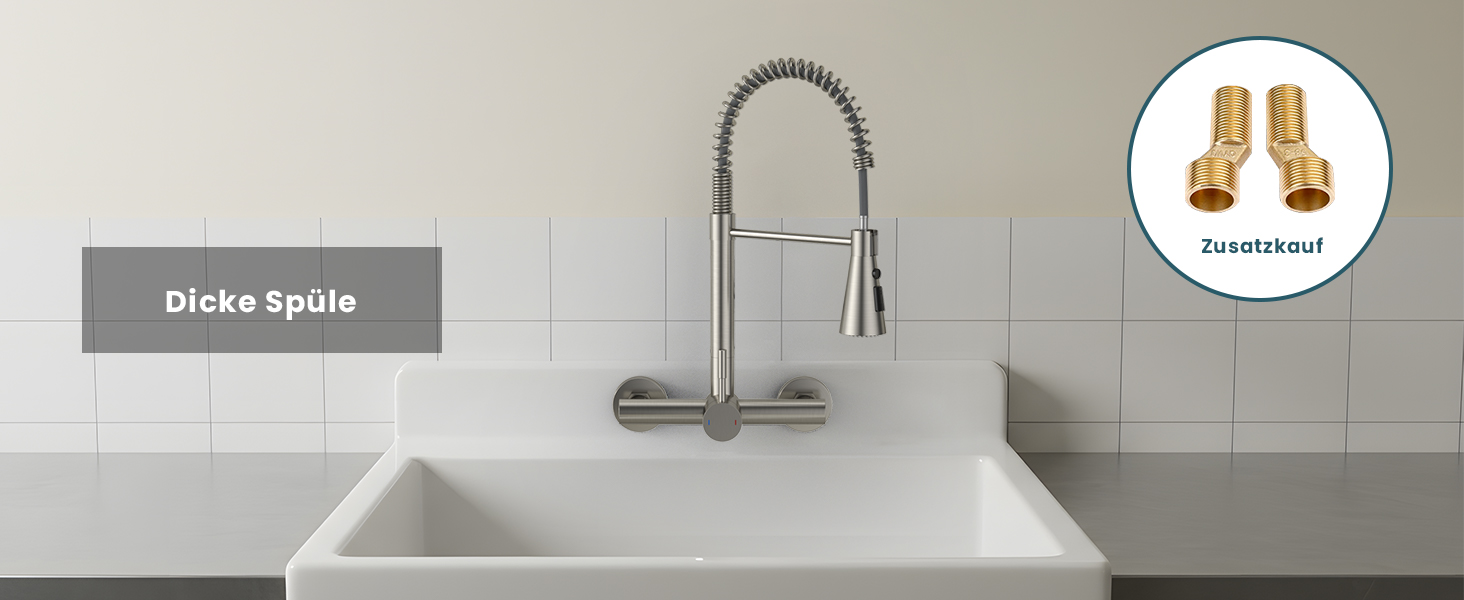 Змішувач кухонний настінний DAYONE з висувною лійкою, нержавіюча сталь, 3 режими, 360° обертання, відстань між отворами 15 см, матовий