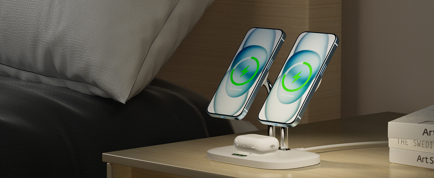 Бездротова зарядка SwanScout для iPhone 17/Air, AirPods Pro 3/2, 2 телефони (біла)