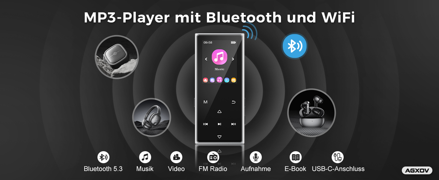 MP3 плеєр з Bluetooth 5.3 та карткою пам'яті 128ГБ, Hi-Fi плеєр з динаміком та навушниками, металевий корпус, акумулятор на 36 годин, для дітей, школи та подорожей