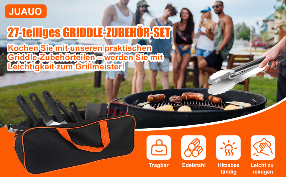 Набір аксесуарів для грилю JUAUO 27TLG: Тепаньякі, прес для бургерів, щипці, сумка, нержавіюча сталь (27 шт.)