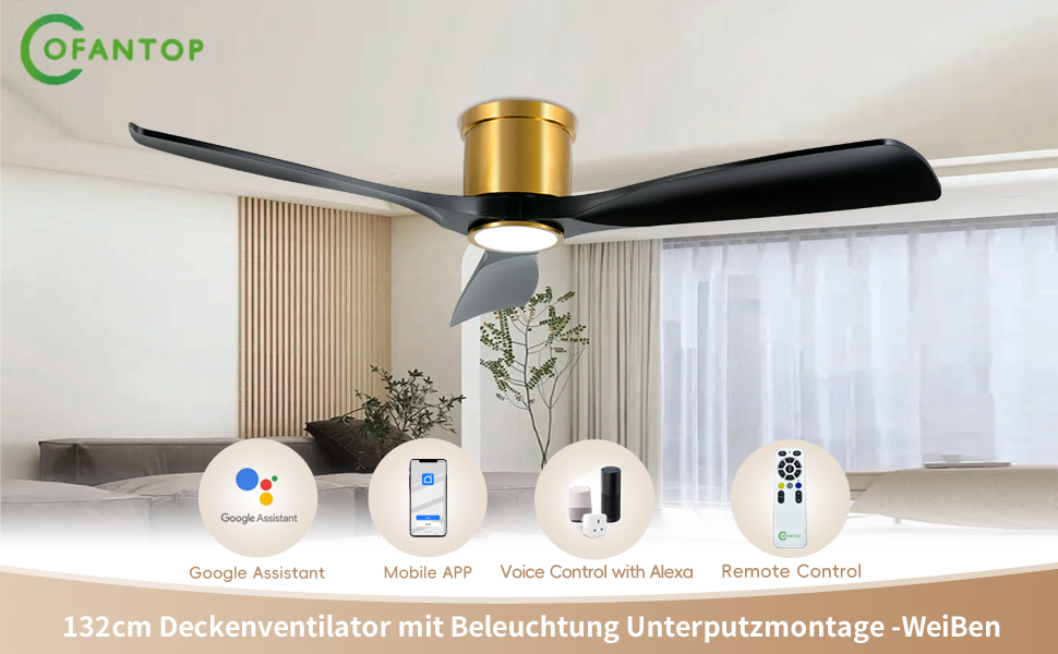Сучасний стельовий вентилятор 132 см з підсвічуванням та пультом керування, тихий DC-двигун, сумісний з Alexa/Google Home (чорне золото)