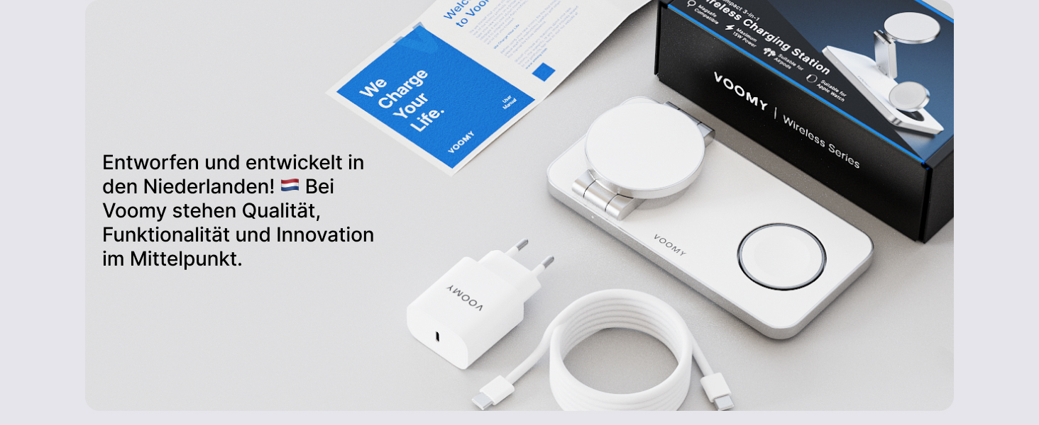 Зарядний пристрій Voomy 3-в-1 з індукційною зарядкою, сумісний з MagSafe, для iPhone, AirPods та Apple Watch, 15W, складаний, з USB-C кабелем та адаптером (білий)