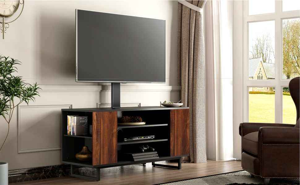 FITUEYES TV Stand with Mount - Wood TV Console for TVs 32-70 inch, Adjustable Height, Swivel ±25°, Up to 40kg, Max.VESA 600x400
