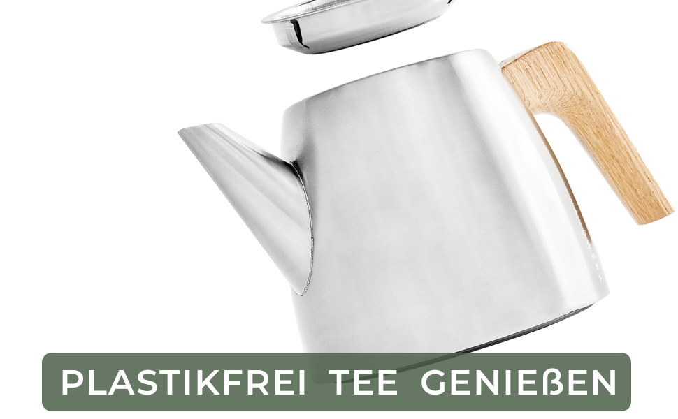 WALDWERK Teapot with Infuser - Teapot Thermal Double-Walled - Teapot with Strainer made of 304 Stainless Steel - Tea Maker with Genuine Oak Wood Handles - Tea Pot 100% Drip-Free