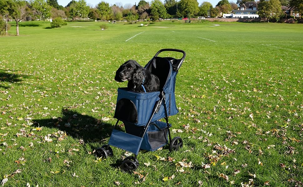 Трансформер для тварин Monster Shop з сумкою, знімний, складний, до 15 кг, колеса, гальма, сітчасте вікно, кошик, тримач для напоїв, кишені та водонепроникний захист від дощу (Морська синя)