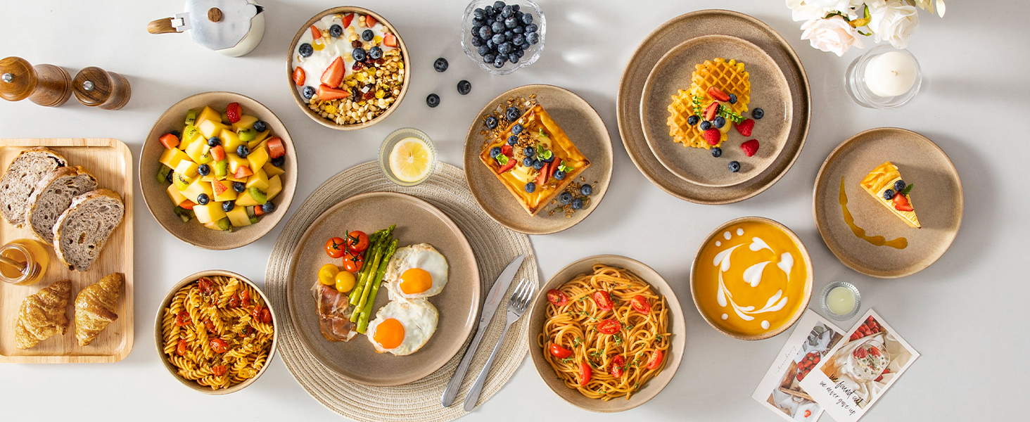 Набір посуду Steingut vancasso ANYA (48 предметів) - 48-місний сервіз з тарілок, десертних тарілок та мисок, карамелевого кольору, сумісний з мийкою та мікрохвильовою піччю