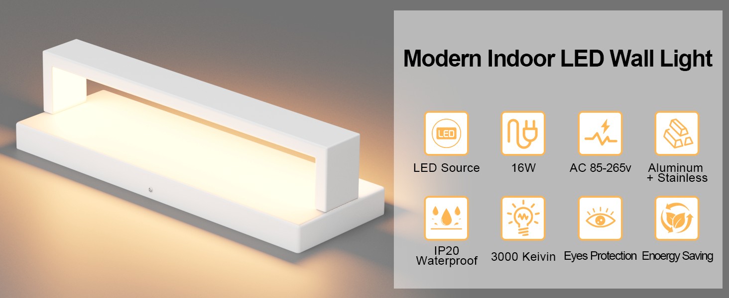 Klighten LED настінна лампа 16W, тепле світло 3000K, для вітальні, спальні, коридору, балкону, сходи, з алюмінію та нержавіючої сталі
