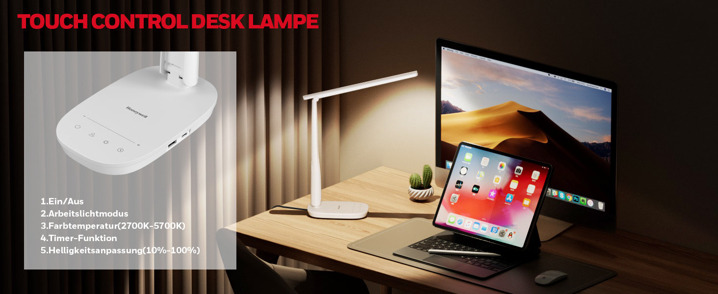 Лампа настільна Honeywell Sunturalux™ H2 LED з регулюванням яскравості, USB-зарядка, сенсорне керування, 4 кольори, захист очей, для дітей, спальні, читання, офісу