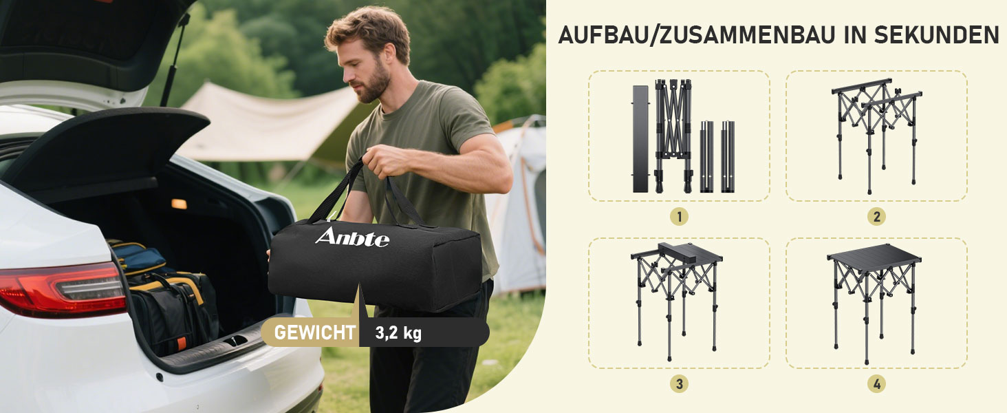 Складний кемпінговий стіл Anbte алюмінієвий 67x58 см, регульована висота (44/70 см), вантажопідйомність до 150 кг, з сумкою для зберігання - для пікніка, саду, балкону
