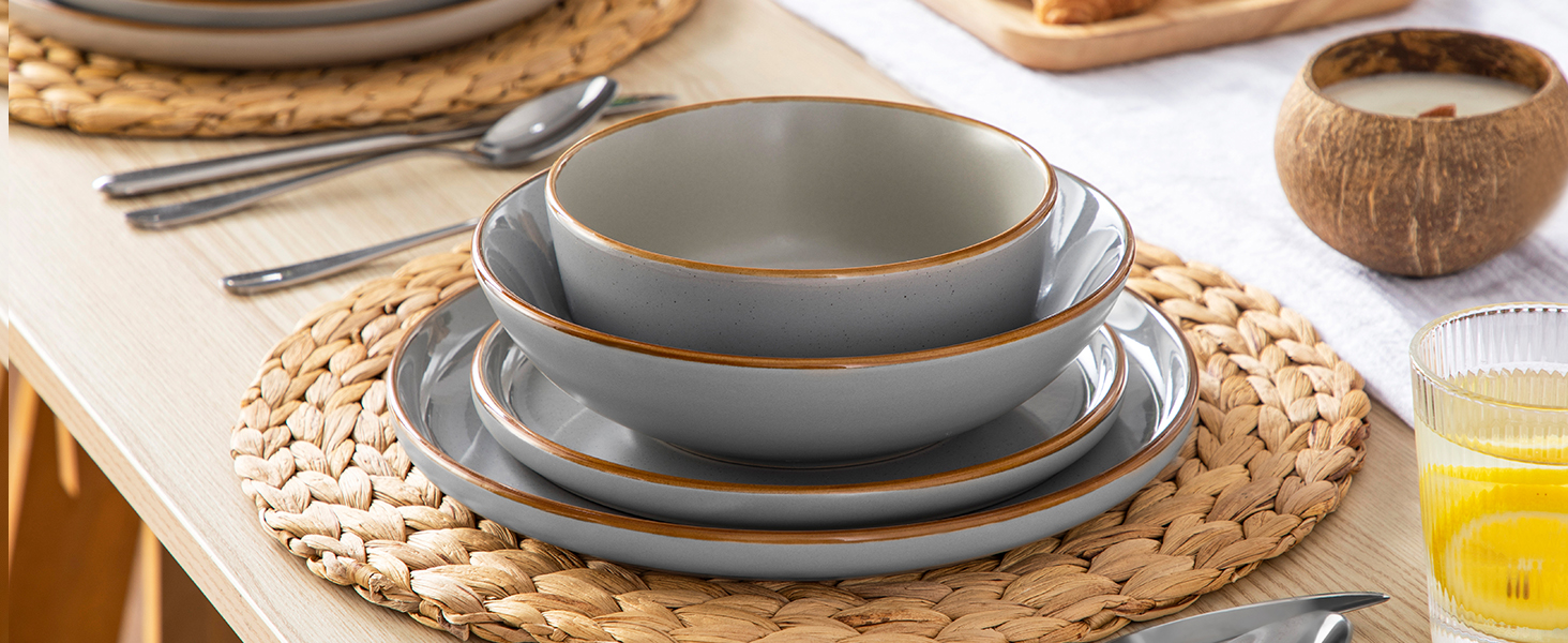 Набір посуду на 6 осіб Vancasso RENO 24 шт. з каменю, сучасний сервіз: обідні, супові, десертні тарілки, миски. Можна мити в посудомийній машині та використовувати в мікрохвильовці, сірий колір.