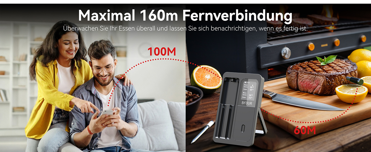 Бездротовий термометр для м'яса BFOUR з 2 зондами, Bluetooth, LCD-дисплей, керування через додаток, цифровий термометр для приготування на грилі, в духовці, диморі, BF-40 PRO чорний