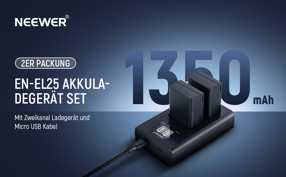 Запасний акумулятор NEEWER EN-EL25 та USB зарядний пристрій (2 шт.) 1350mAh, сумісний з Nikon Z30 Z50 ZFC