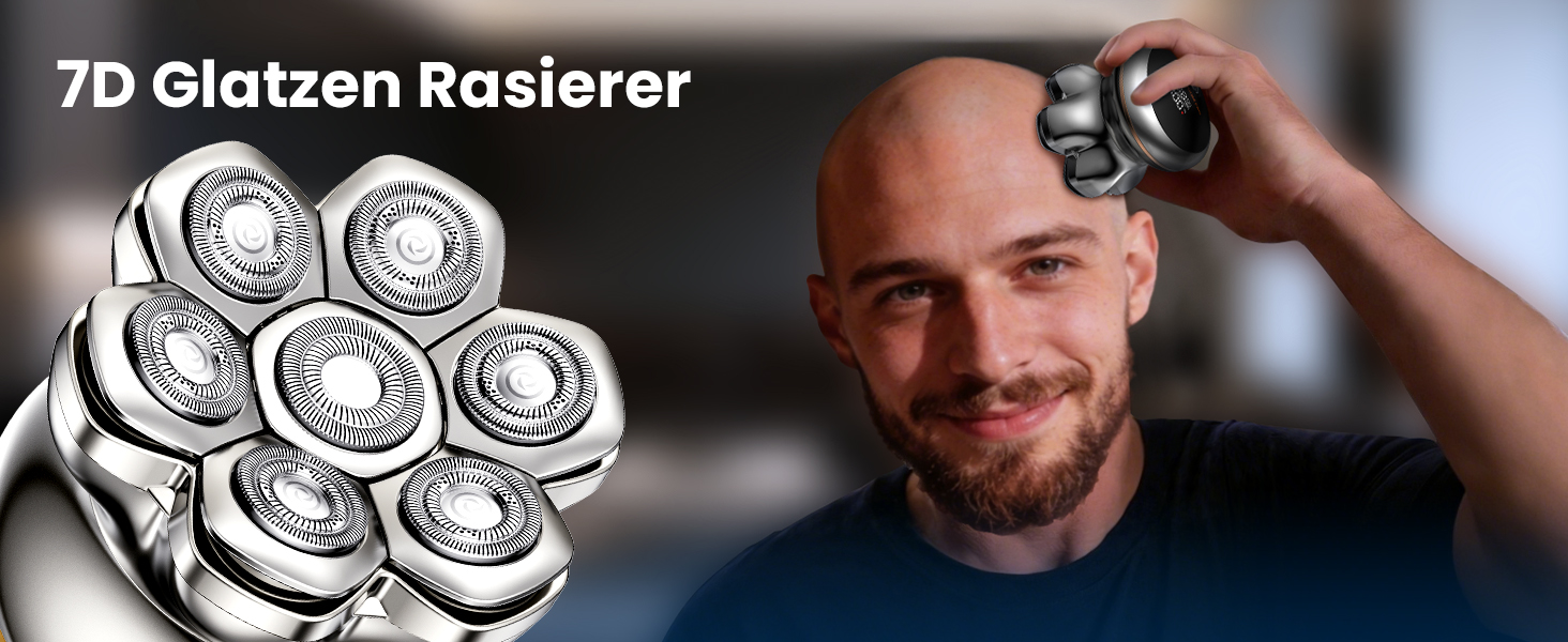 MAXGROOM 7D Glatzen Rasierer Herren - Електрична бритва для гоління голови, срібляста, акумуляторна (1400mAh), водонепроникна IPX6, Type-C