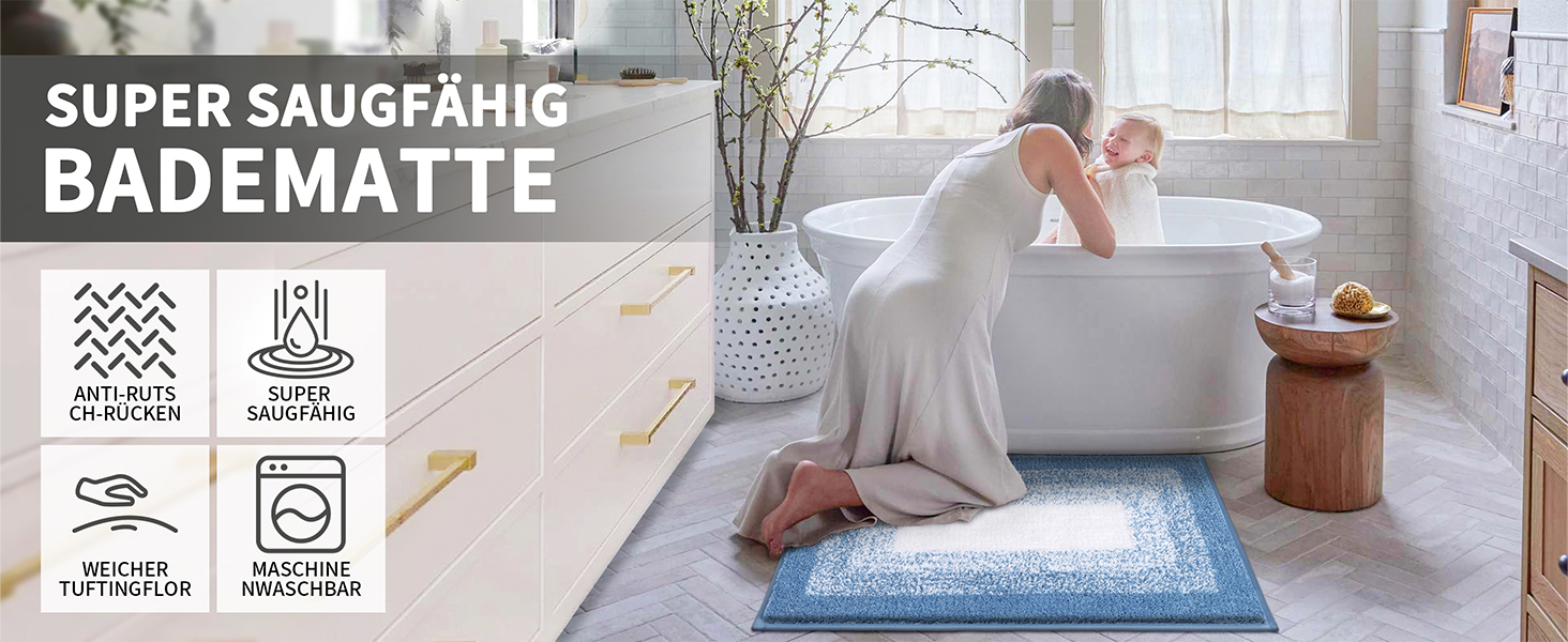 Super Soft Microfiber Bath Mat - Absorbent Non-Slip Bathroom Rug - Washable Shower Mat - 60x90cm Blue