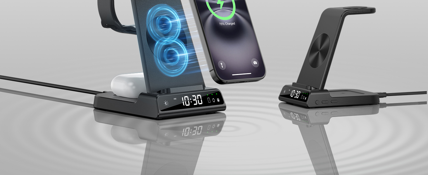 Зарядна станція 3-в-1 для Apple Watch та iPhone: Бездротовий зарядний пристрій з цифровим годинником, сумісний з iPhone 17/16/15/14/13 та iWatch 10/9/8/7/6/SE, AirPods 4/3 - Чорний