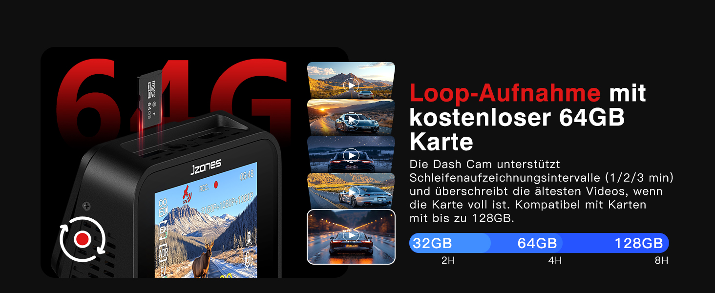 Відеореєстратор Jzones з GPS, WiFi, 4K+1080P, потрійна камера (передня, задня, внутрішня), 64GB SD, G-сенсор, нічне бачення, паркувальний режим, керування через додаток