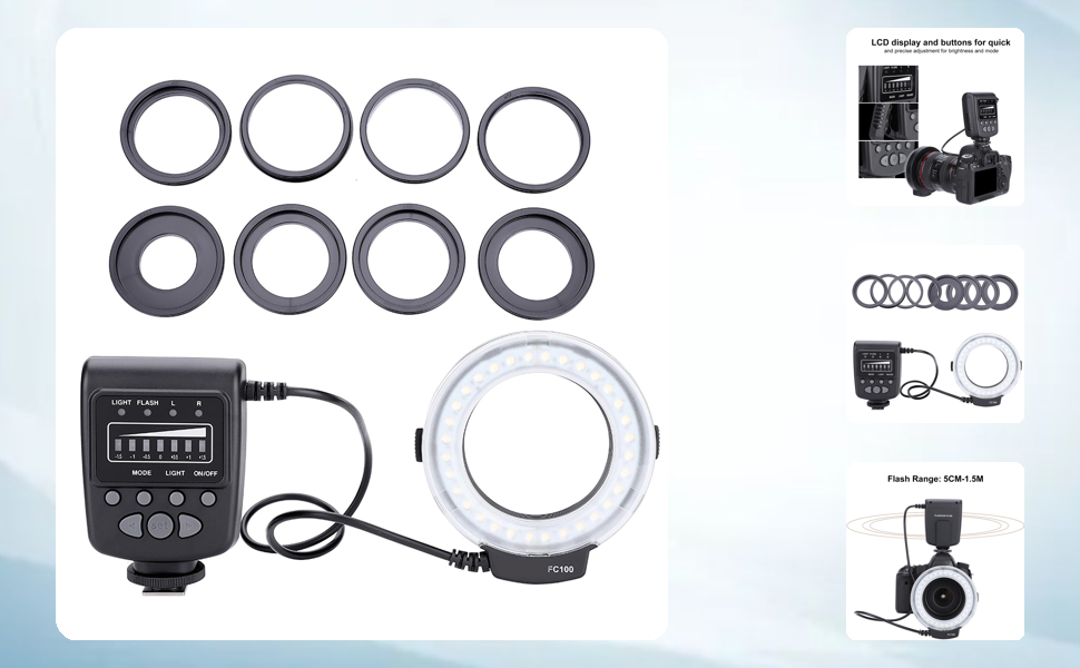 Портативний LED-макрокільцевий спалах Topiky FC-100 з регулюванням яскравості, комплект для відеозйомки з 8 адаптерними кільцями та контролером для камер