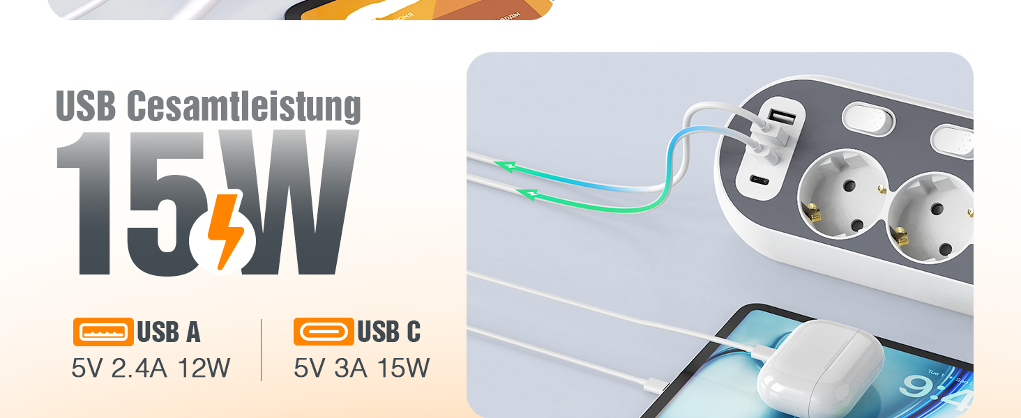 Мережевий фільтр з USB, індивідуальне вмикання розеток, 4 розетки, 2 USB-C, 8 в 1 з вимикачем, адаптер з кабелем 1,5м для кухні, дому, офісу