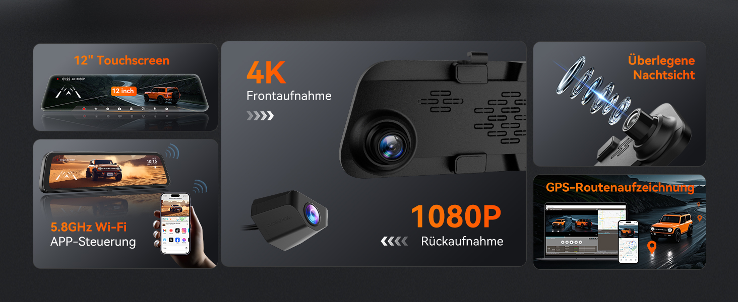 WOLFBOX Dashcam G840S 4K: Дзеркало-відеореєстратор з камерою заднього виду, WiFi, IPS-екран, GPS, 32GB, G-сенсор, Park Mode