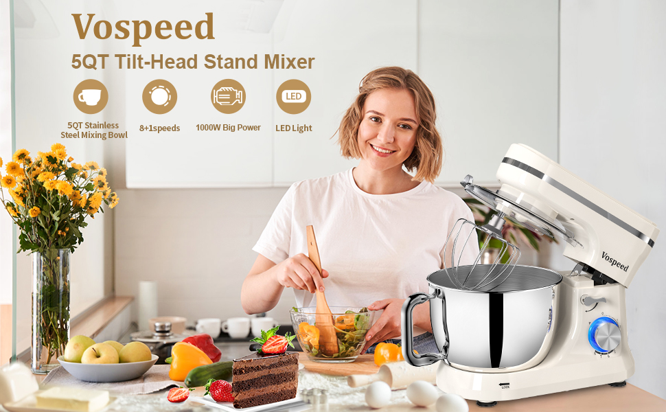 Кухонна машина/міксер Vospeed 1000W з чашею з нержавіючої сталі, 5QT, 8 швидкостей, набір насадок (біла)