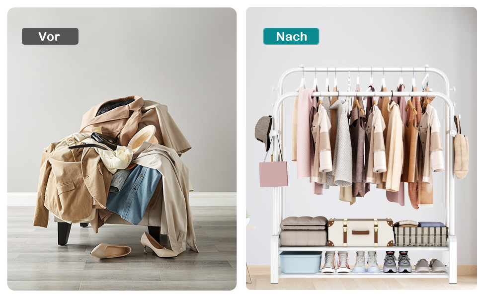 Freestanding clothes rack with double rod design, clothes hangers, 8 hooks, and 2 shoe shelves - Multifunctional wardrobe stand in white for the bedroom