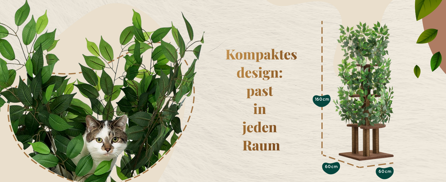 Дерево для котів з листям – Стабільний та компактний – 4 поверхні для дряпання та 3 стовпчики – Ідеально для лазіння, ховання та сну – Легка збірка – Безпечний та довговічний cat tree з натуральних матеріалів