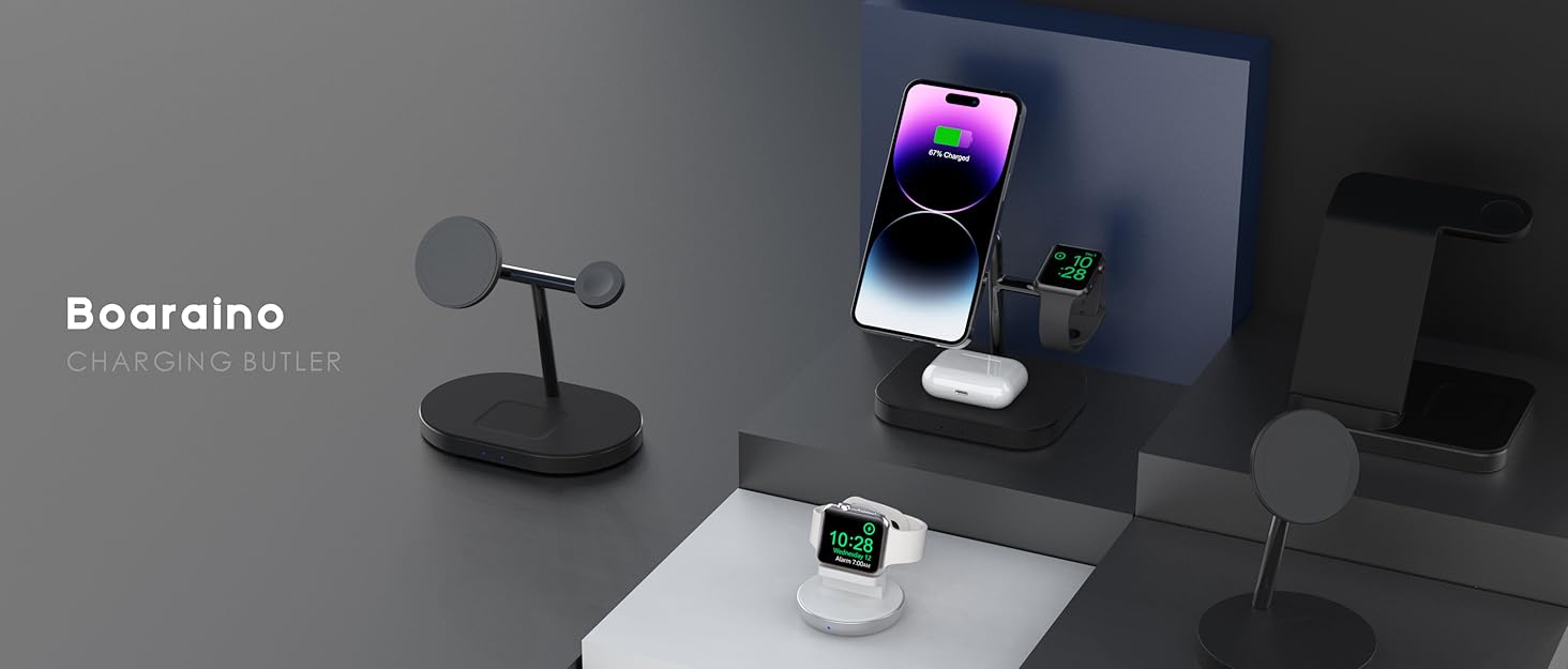 Бездротова зарядка Boaraino 3-в-1 для iPhone 17/16/15/14/13/12, Apple Watch та AirPods, чорний